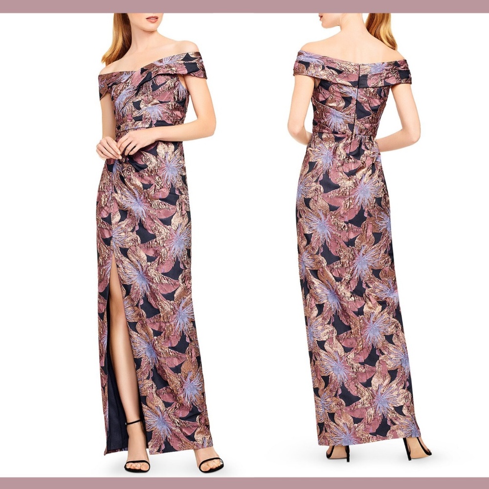 NWT $495 Aidan Mattox Off‎ Shoulder Floral Jacquard Gown Mink Rose [SZ 0 ]